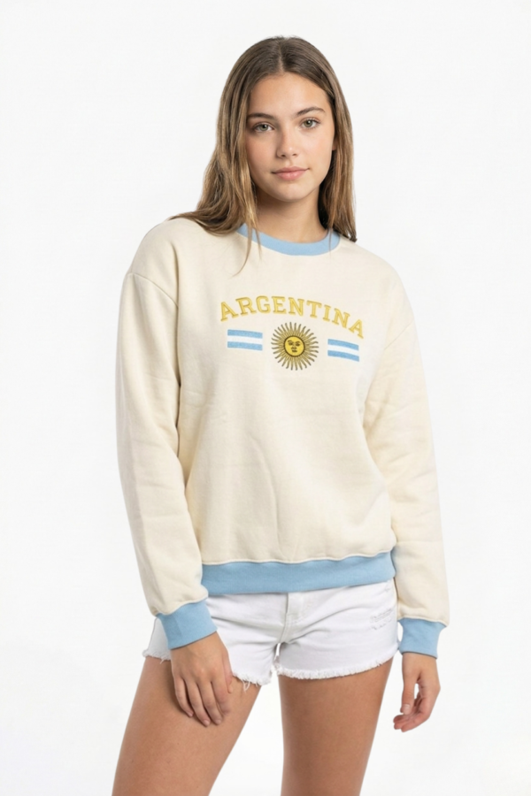 Buzo Frisado Cuello Redondo Argentina Con Sol Y 2 Banderas Bordado "PEYTON"