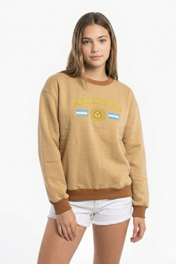Buzo Frisado Cuello Redondo Argentina Con Sol Y 2 Banderas Bordado "PEYTON"
