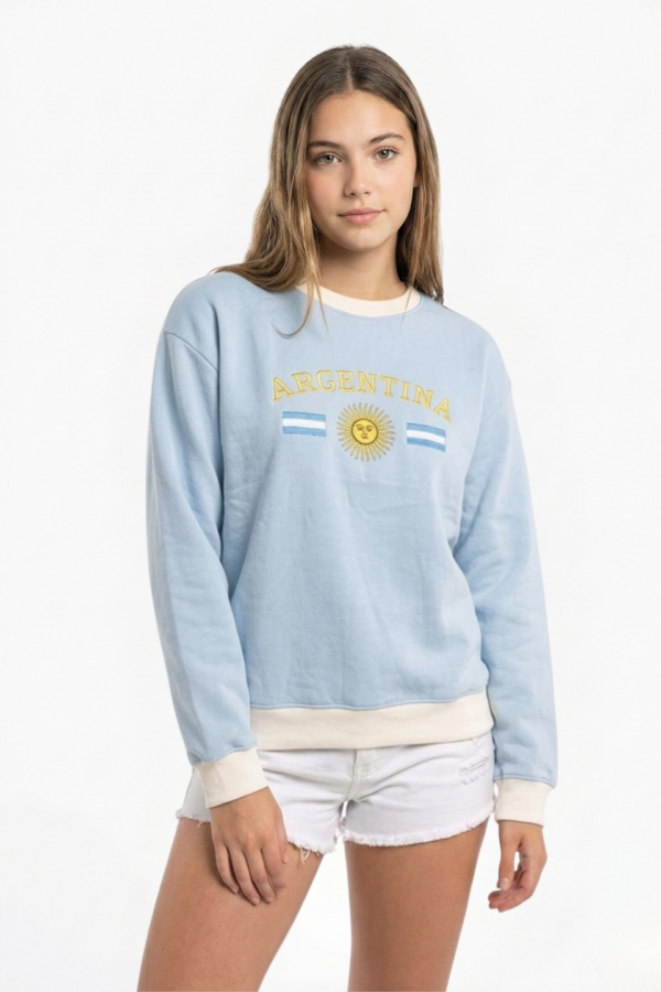 Buzo Frisado Cuello Redondo Argentina Con Sol Y 2 Banderas Bordado "PEYTON"