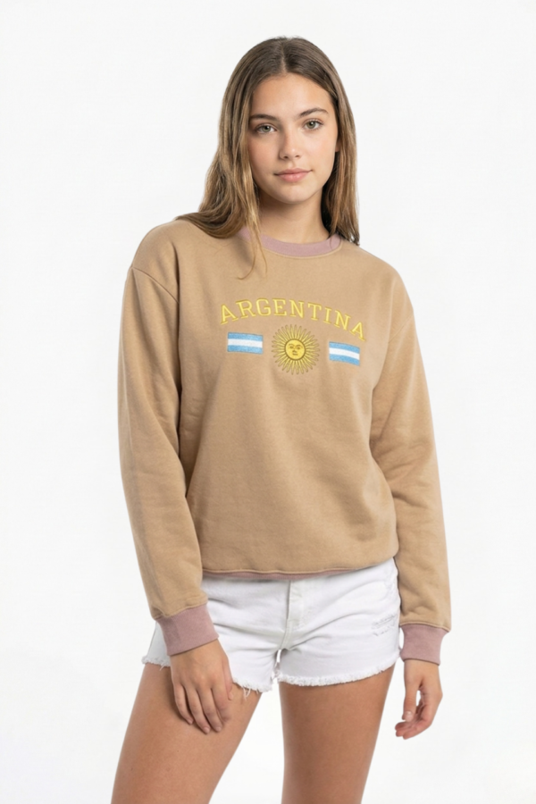 Buzo Frisado Cuello Redondo Argentina Con Sol Y 2 Banderas Bordado "PEYTON"