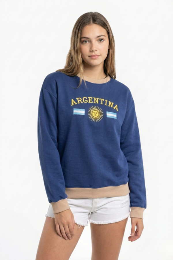 Buzo Frisado Cuello Redondo Argentina Con Sol Y 2 Banderas Bordado "PEYTON"