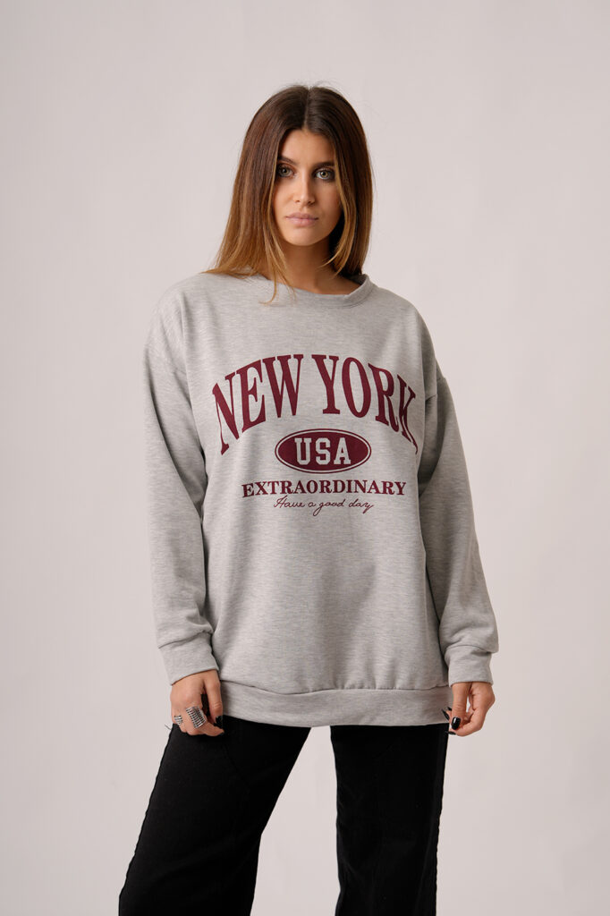Maxibuzo Rustico Frizado Cuello Redondo Estampa New York Usa Extraordinary NY