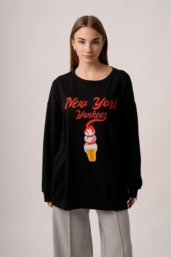 Maxibuzo Rustico Frizado Cuello Redondo Estampa New York Yankees