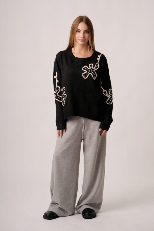Sweater 2 Flores Con Perlas Delanteros Y En Las Mangas Luciana