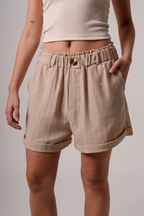 Short Lino Rayado Con Boton Cintura Elastico Valu