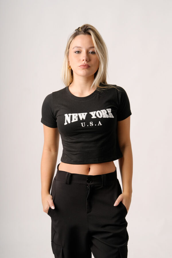 Remera Corta Manga Corta Jersey Peinado Estampa New York Usa
