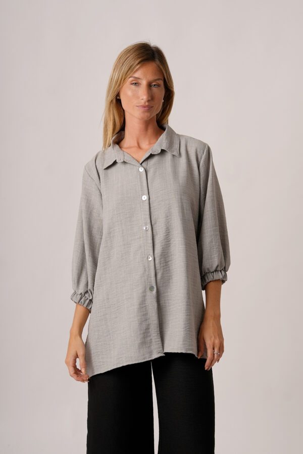 Camisa Larga Lino Vintage Rayada Manga Fruncida Marlo