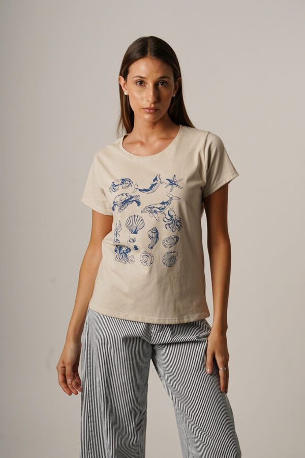 Remera Manga Corta Algodon Jersey Peinado Estampa Playa Oceano