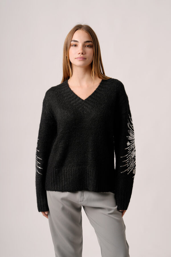 Sweater Cuello V Lentejuelas En Las Mangas Rebecca