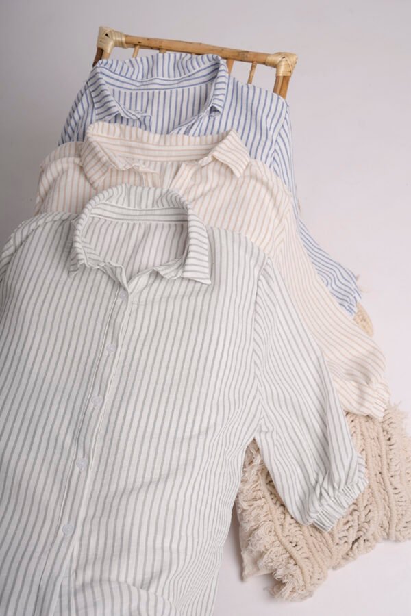 Camisa Larga Lino Rayado Manga Fruncida Viany