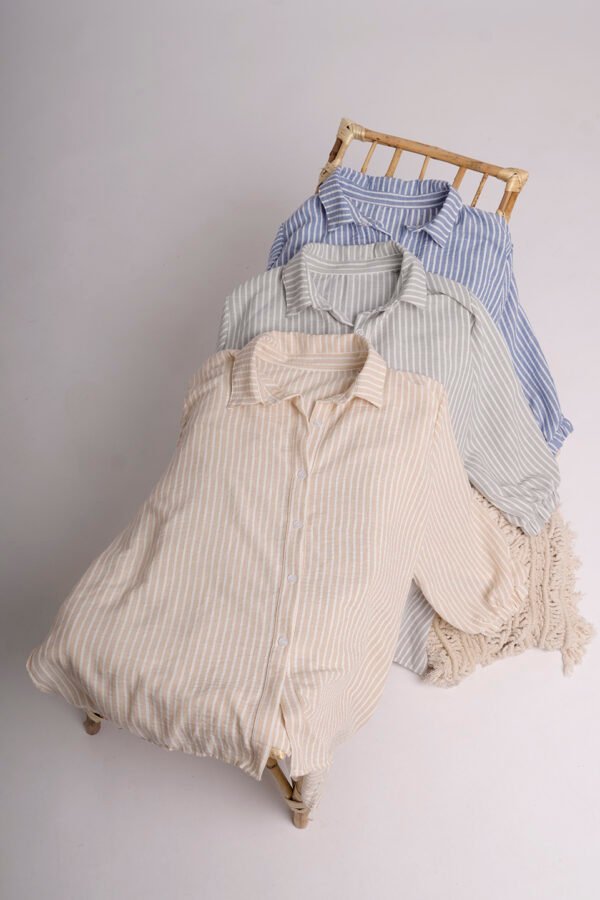 Camisa Larga Lino Rayado Manga Fruncida Viany