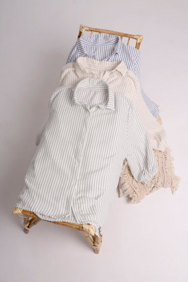 Camisa Larga Lino Rayado Manga Fruncida Viany