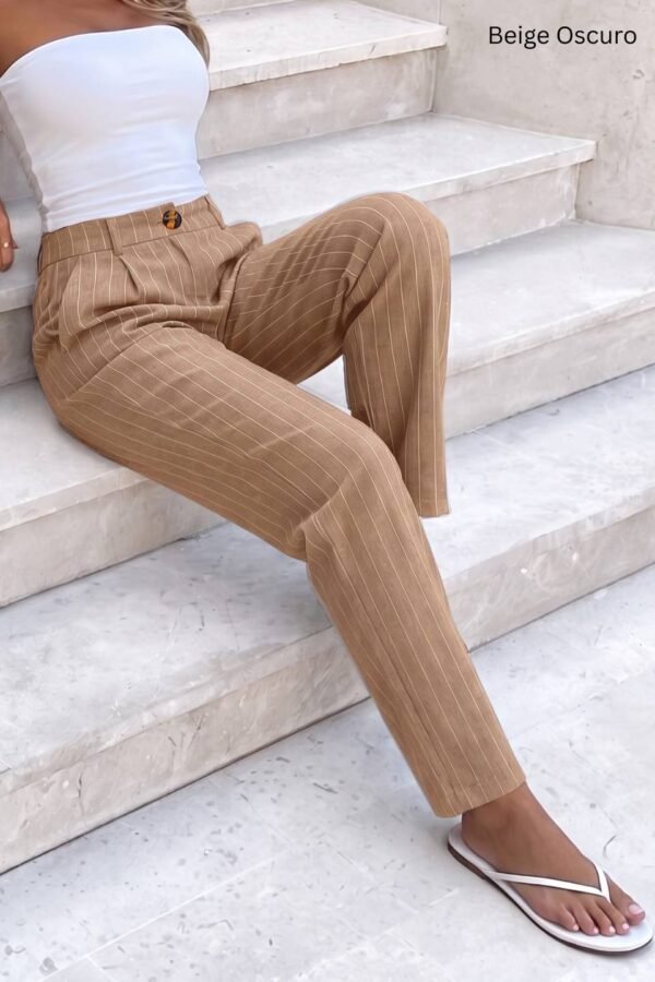 Pantalon Lino Rayado "DOYA" - Beige Oscuro, 40