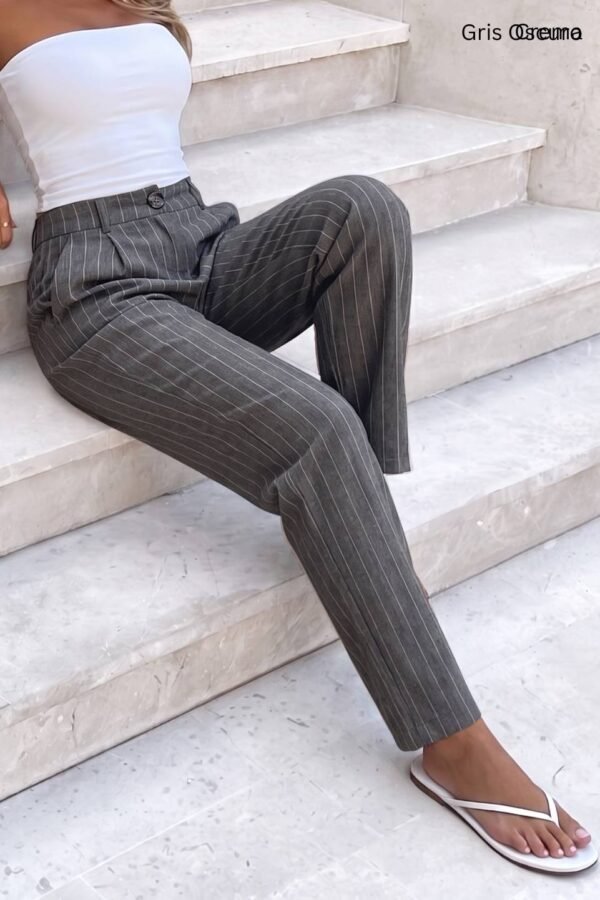 Pantalon Lino Rayado "DOYA" - Gris Oscuro, 40