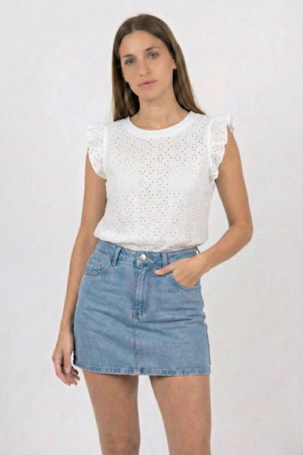 Musculosa Gota Con Moño Atras Broderie Crep Pao - Celeste, M