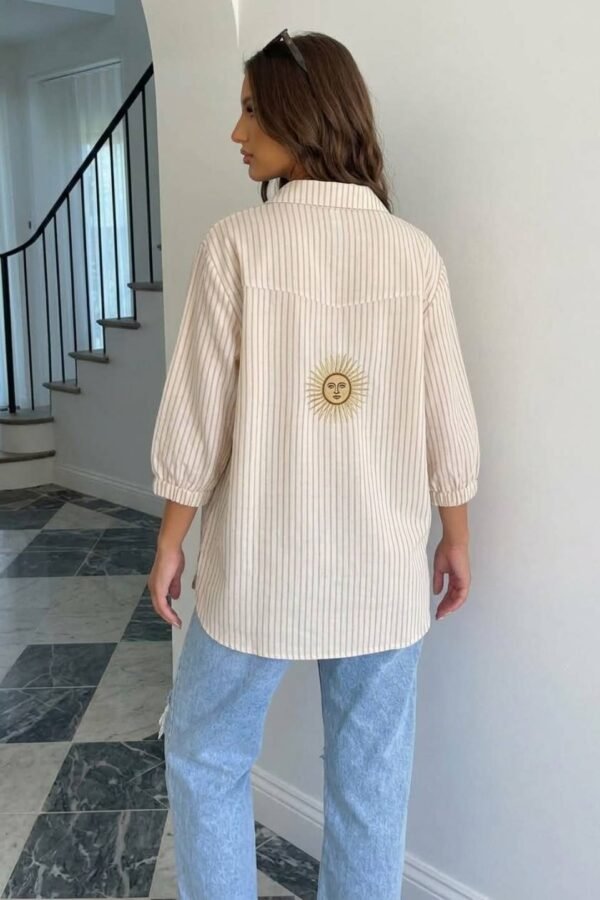 Camisa Larga Lino Rayado Manga Fruncida Sol Bordado "DELTA"
