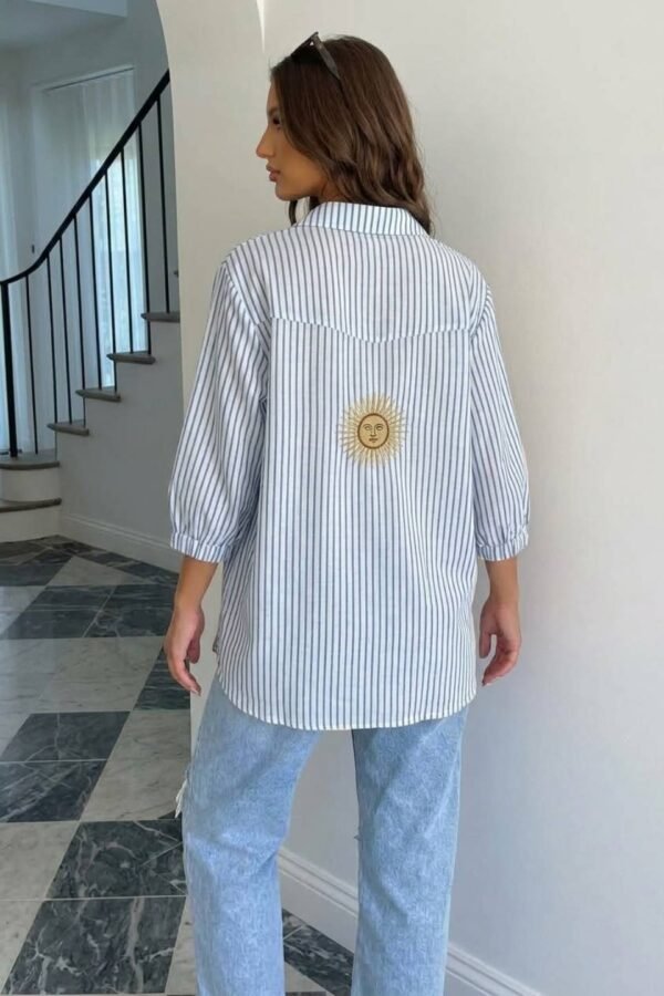 Camisa Larga Lino Rayado Manga Fruncida Sol Bordado "DELTA"