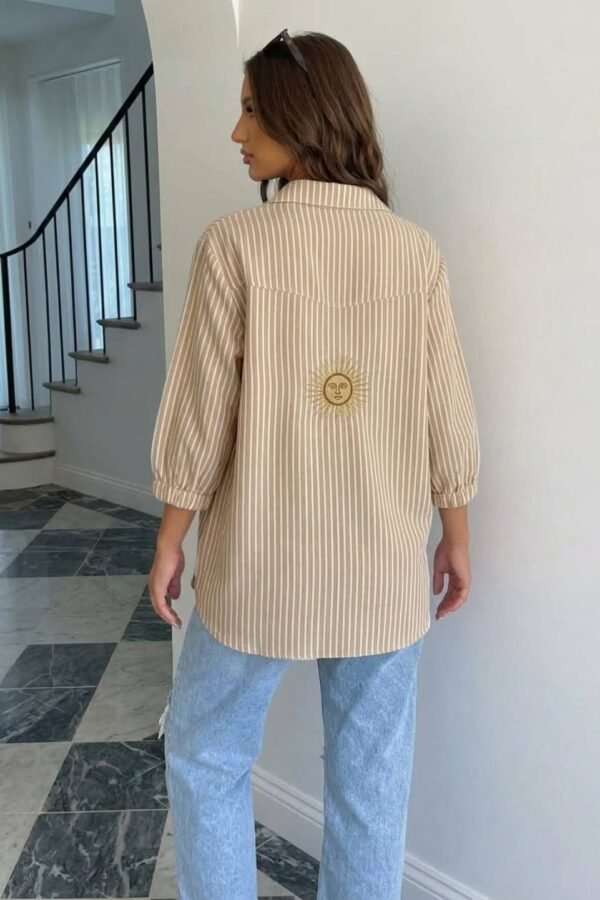 Camisa Larga Lino Rayado Manga Fruncida Sol Bordado "DELTA"