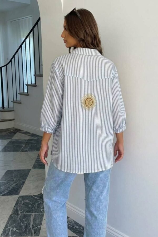 Camisa Larga Lino Rayado Manga Fruncida Sol Bordado "DELTA"