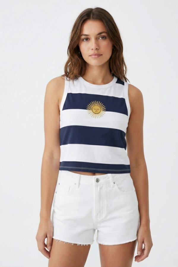 Musculosa Rayada Algodon Jersey 24/1 Con Vivo Blanco Sol Bordado Entero Argentina Nina