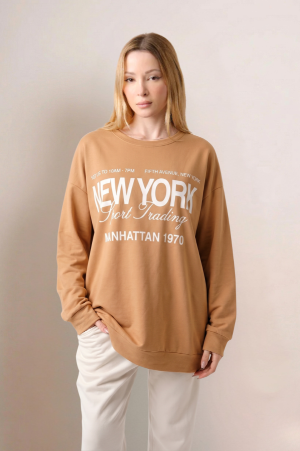 Maxibuzo Rustico Frisado Cuello Redondo Estampa New York Manhattan "1970"