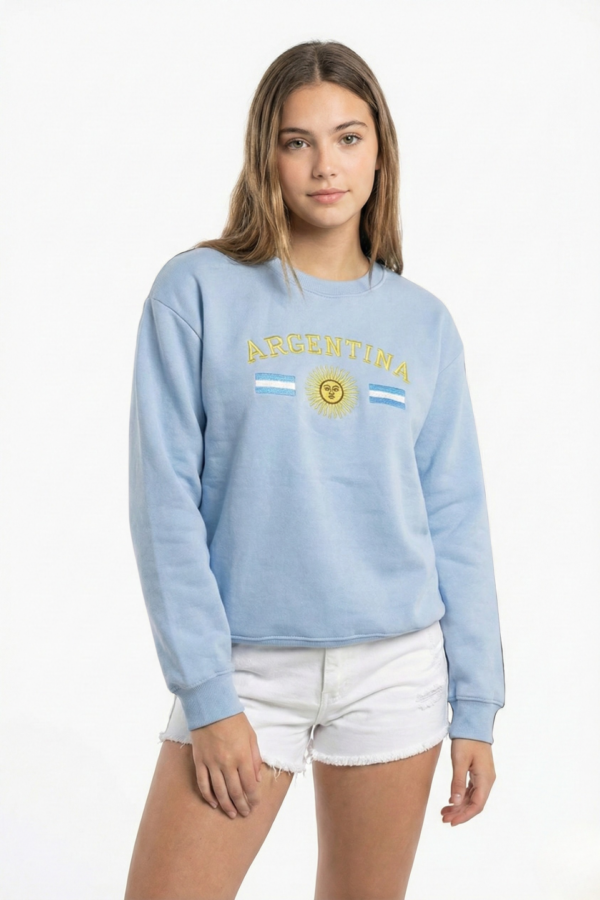 Buzo Frisado Cuello Redondo Argentina Con Sol Y 2 Banderas Bordado "PEYTON"