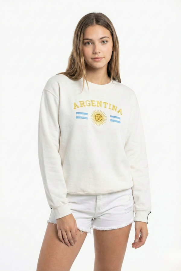 Buzo Frisado Cuello Redondo Argentina Con Sol Y 2 Banderas Bordado "PEYTON"