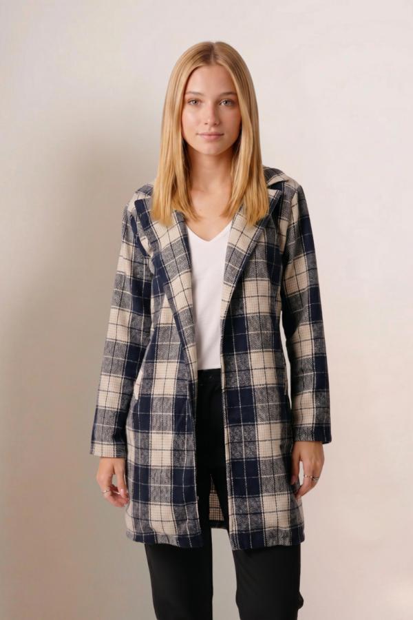 Saco Largo Paño Estampado Cuadrille Sin Botones "CLIRA"