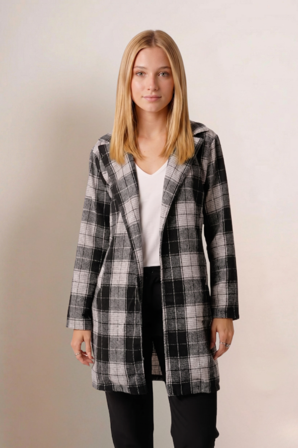 Saco Largo Paño Estampado Cuadrille Sin Botones "CLIRA"