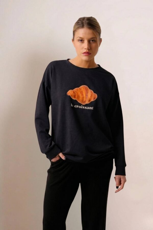 Maxibuzo Rustico Frisado Cuello Redondo Estampa "CROISSANT"