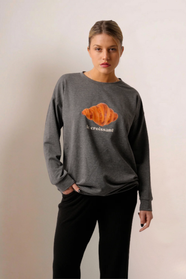 Maxibuzo Rustico Frisado Cuello Redondo Estampa "CROISSANT"