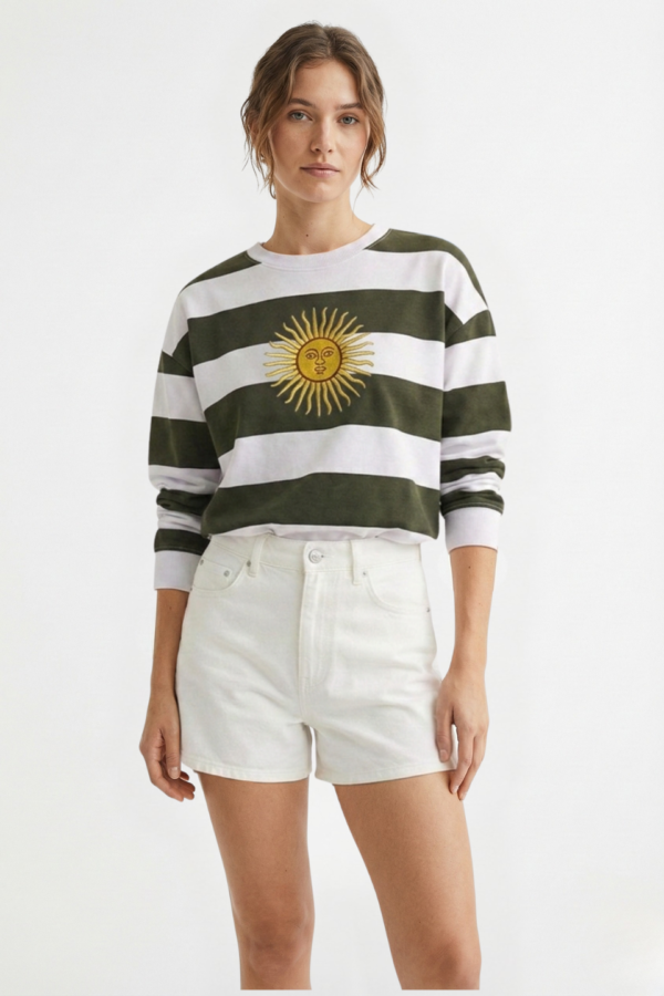 Buzo Boxy Rustico Cuello Redondo Rayado Sol De Mayo Grande Bordado "TRINI"