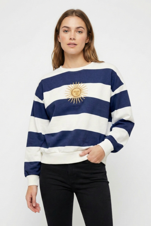 Buzo Boxy Frisado Cuello Redondo Rayado Sol De Mayo Bordado "MONTI"