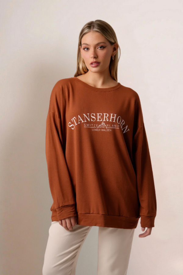 Maxibuzo Rustico Frisado Cuello Redondo Estampa "STANSERHORN"