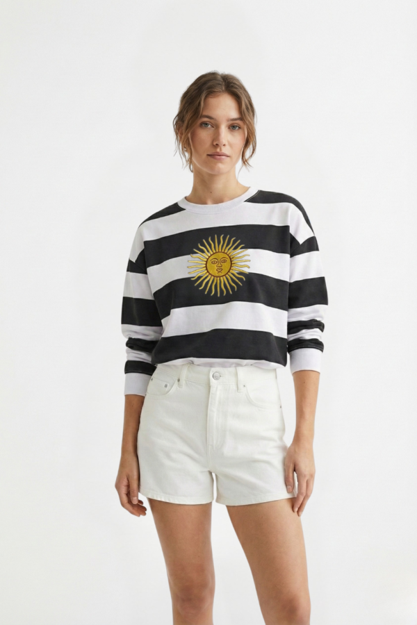 Buzo Boxy Rustico Cuello Redondo Rayado Sol De Mayo Grande Bordado "TRINI"