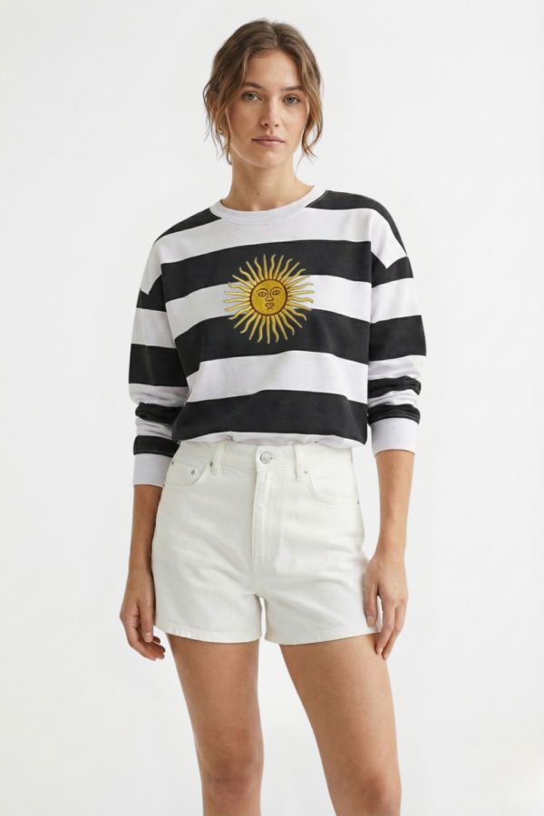 Buzo Boxy Rustico Cuello Redondo Rayado Sol De Mayo Grande Bordado "TRINI"