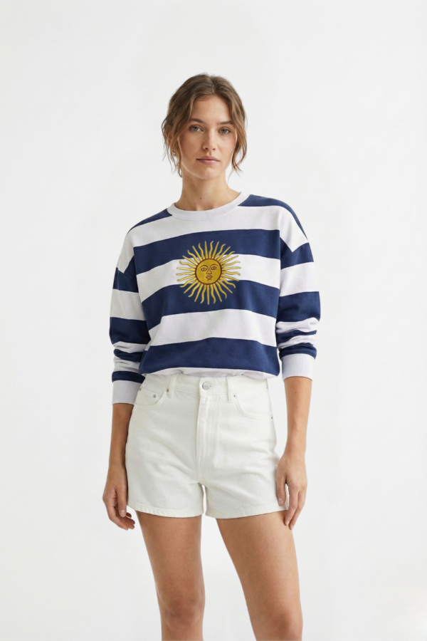 Buzo Boxy Rustico Cuello Redondo Rayado Sol De Mayo Grande Bordado "TRINI"