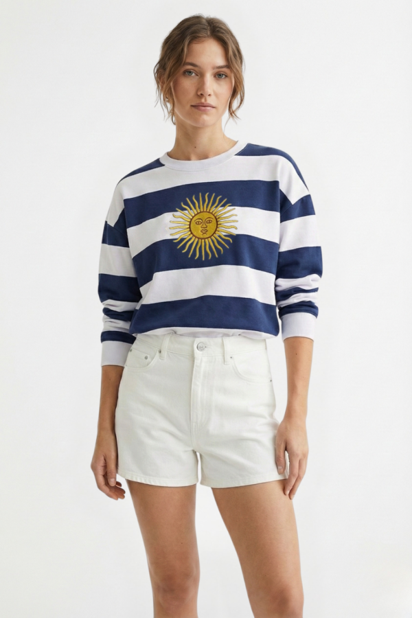 Buzo Boxy Rustico Cuello Redondo Rayado Sol De Mayo Grande Bordado "TRINI"