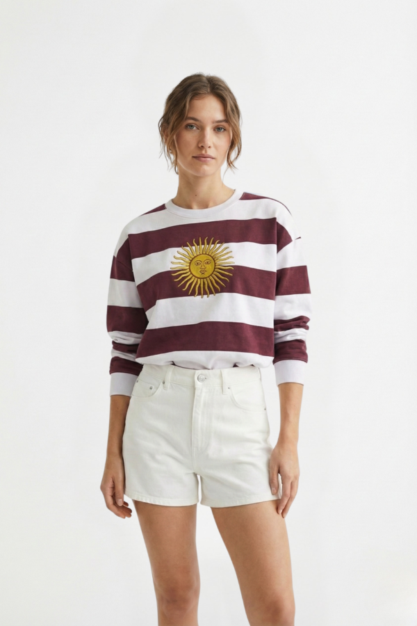 Buzo Boxy Rustico Cuello Redondo Rayado Sol De Mayo Grande Bordado "TRINI"