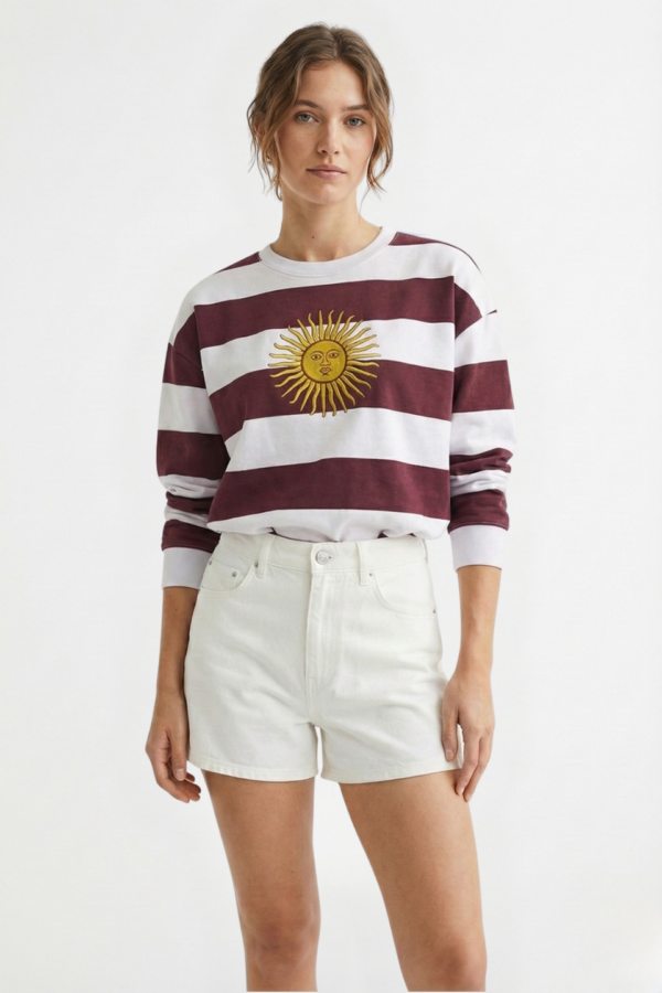 Buzo Boxy Rustico Cuello Redondo Rayado Sol De Mayo Grande Bordado "TRINI"