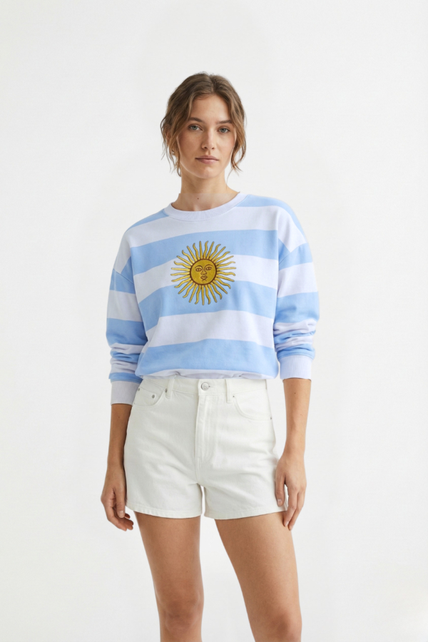 Buzo Boxy Rustico Cuello Redondo Rayado Sol De Mayo Grande Bordado "TRINI"