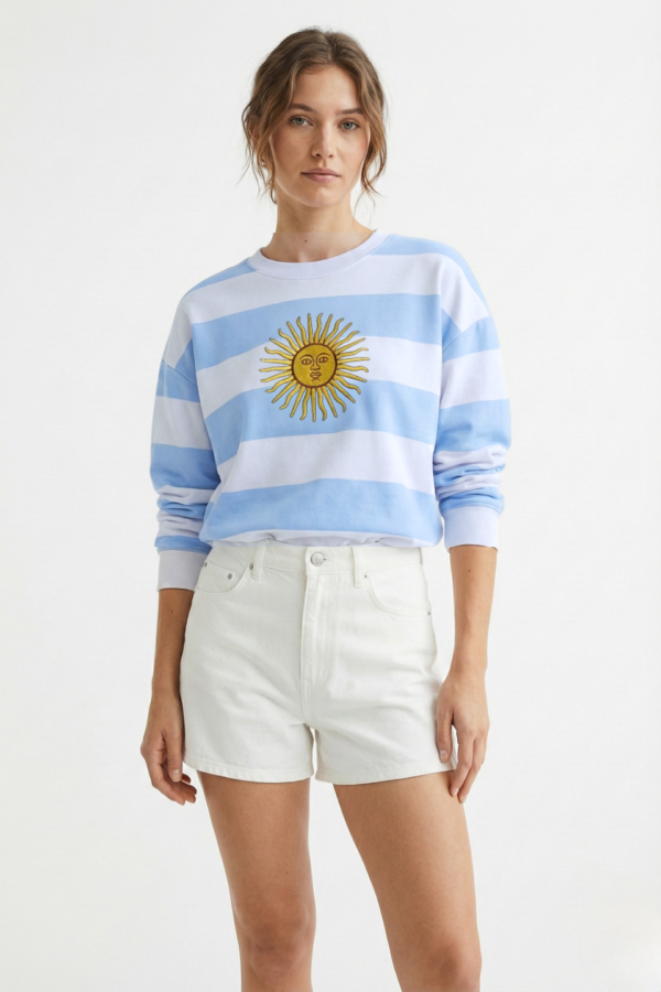 Buzo Boxy Rustico Cuello Redondo Rayado Sol De Mayo Grande Bordado "TRINI"