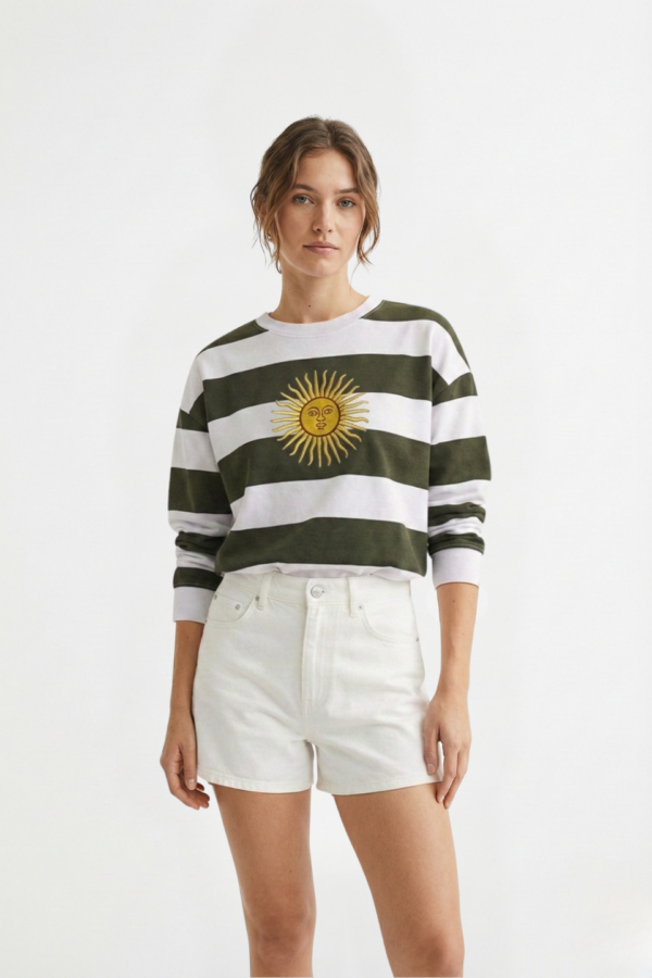 Buzo Boxy Rustico Cuello Redondo Rayado Sol De Mayo Grande Bordado "TRINI"