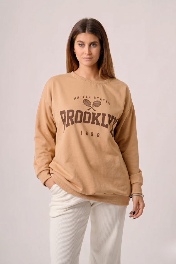 Maxibuzo Rustico Frizado Cuello Redondo Estampa Brooklyn 1898 "UNITED STATES"