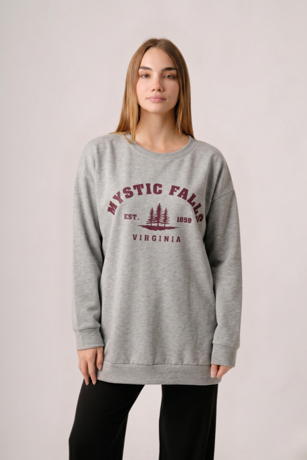 Maxibuzo Rustico Frisado Cuello Redondo Estampa Mystic Falls "VIRGINIA"