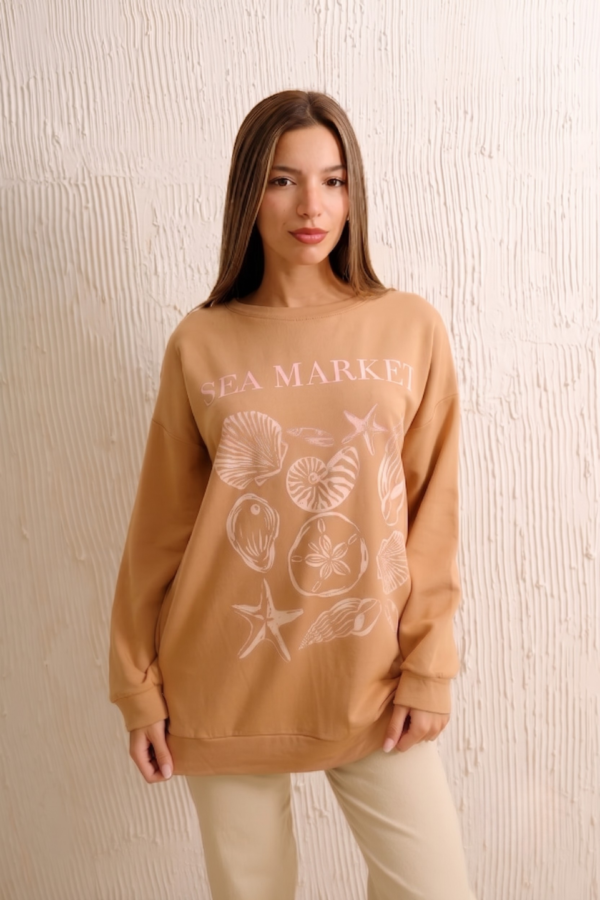 Maxibuzo Rustico Frisado Cuello Redondo Estampa "SEA MARKET"