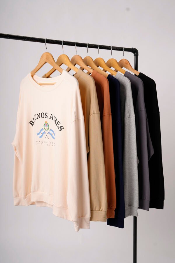 Buzo Rustico Frisado Cuello Redondo Buenos Aires Escudo Y 2 Banderas En DTF "LENA"