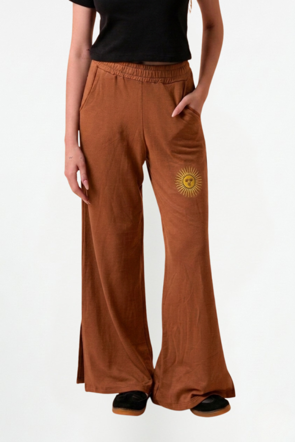 Palazzo Wide Leg Rustico Frisado Con Tajo Y Sol Bordado "CLOVER"