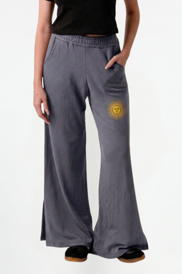 Palazzo Wide Leg Rustico Frisado Con Tajo Y Sol Bordado "CLOVER"