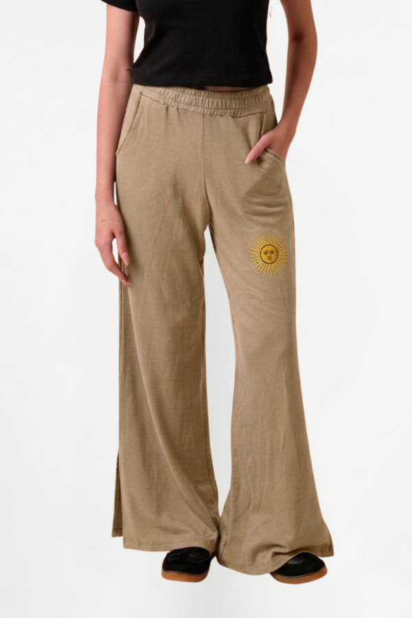 Palazzo Wide Leg Rustico Frisado Con Tajo Y Sol Bordado "CLOVER"